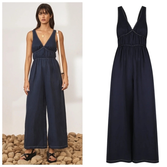 New Anthropolgie x Sancia Oda V-Neck Halter Navy Blue Romper Jumpsuit NWT Medium - Picture 6 of 17